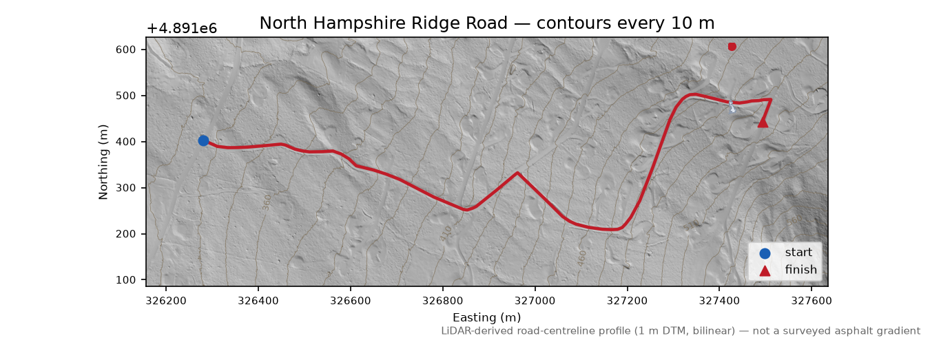 North Hampshire Ridge Road LiDAR hillshade map with contours