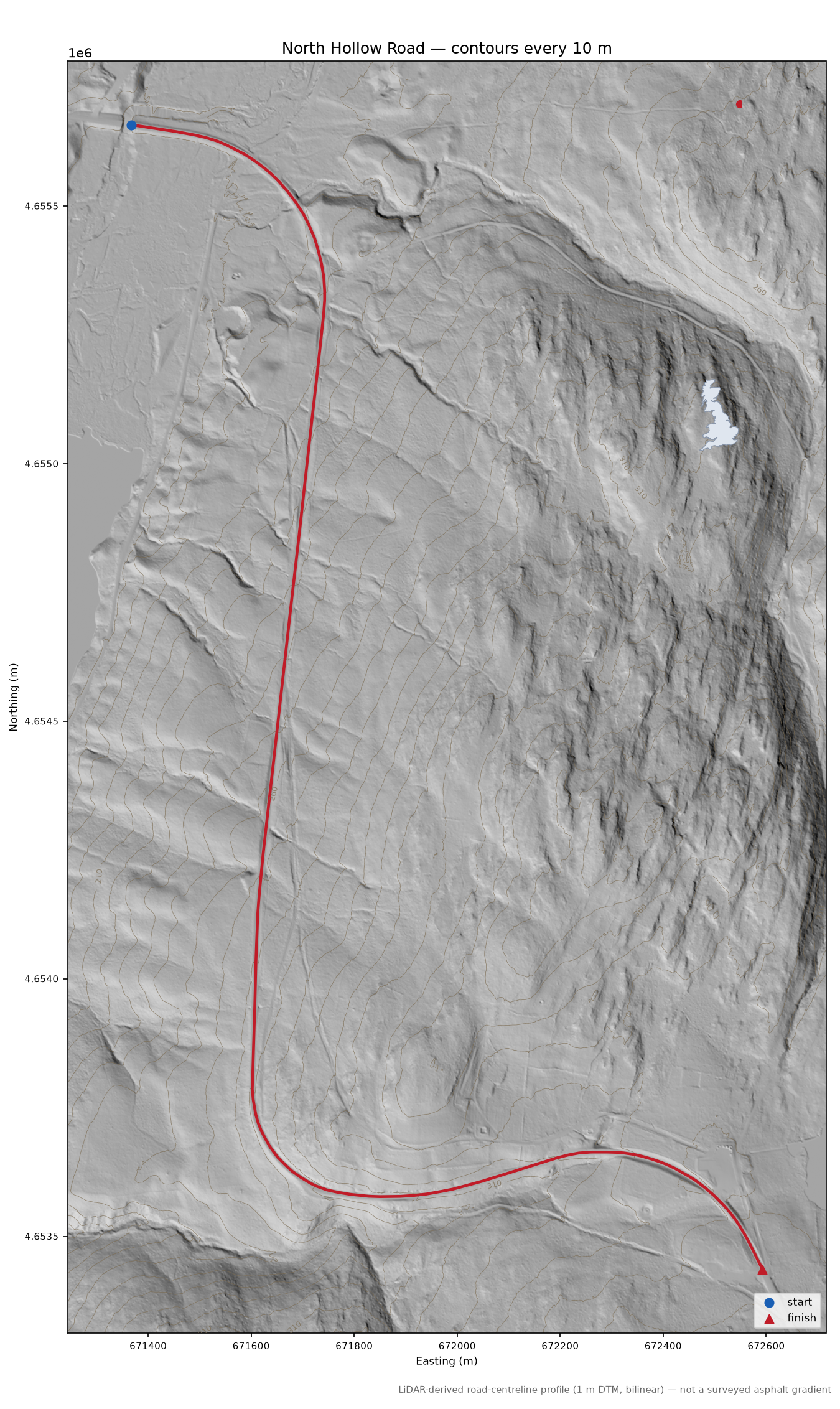 North Hollow Road LiDAR hillshade map with contours
