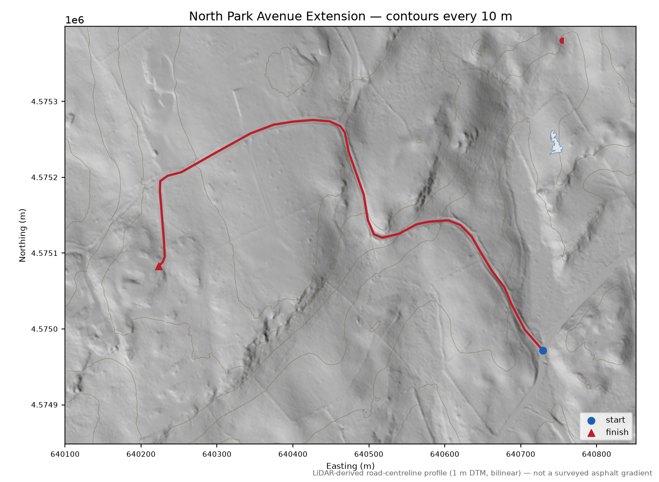 North Park Avenue Extension LiDAR hillshade map with contours