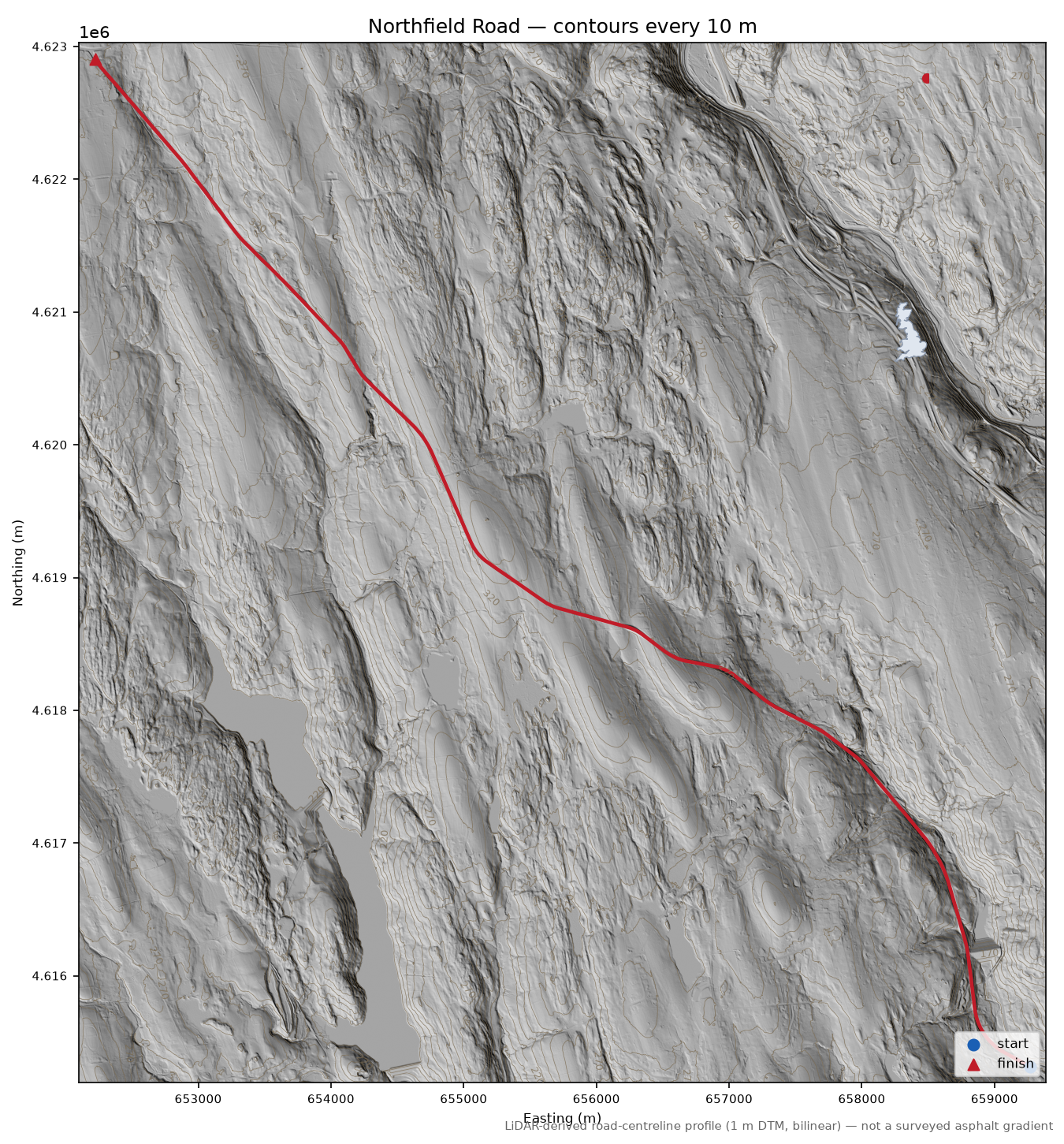 Northfield Road LiDAR hillshade map with contours