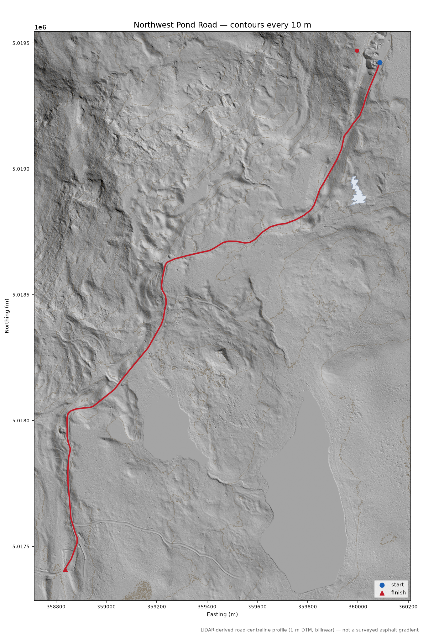 Northwest Pond Road LiDAR hillshade map with contours