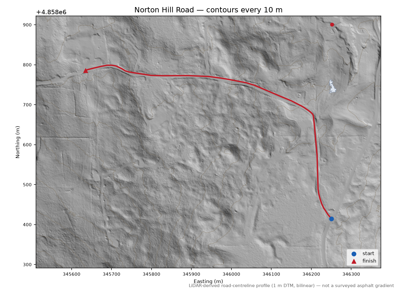 Norton Hill Road LiDAR hillshade map with contours