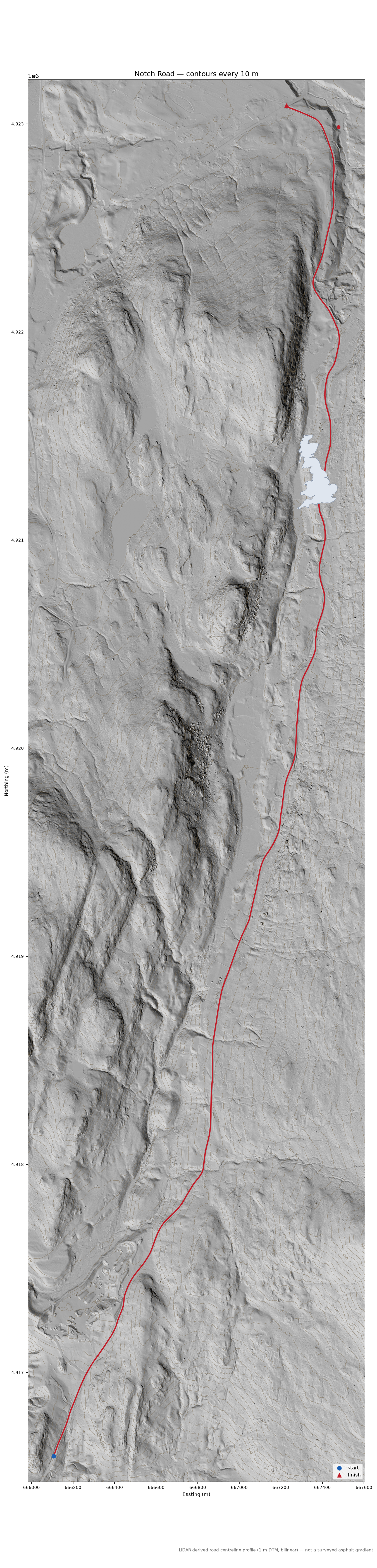 Notch Road LiDAR hillshade map with contours