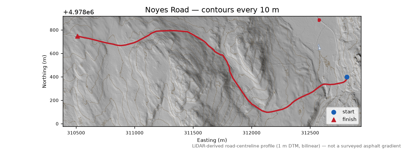 Noyes Road LiDAR hillshade map with contours