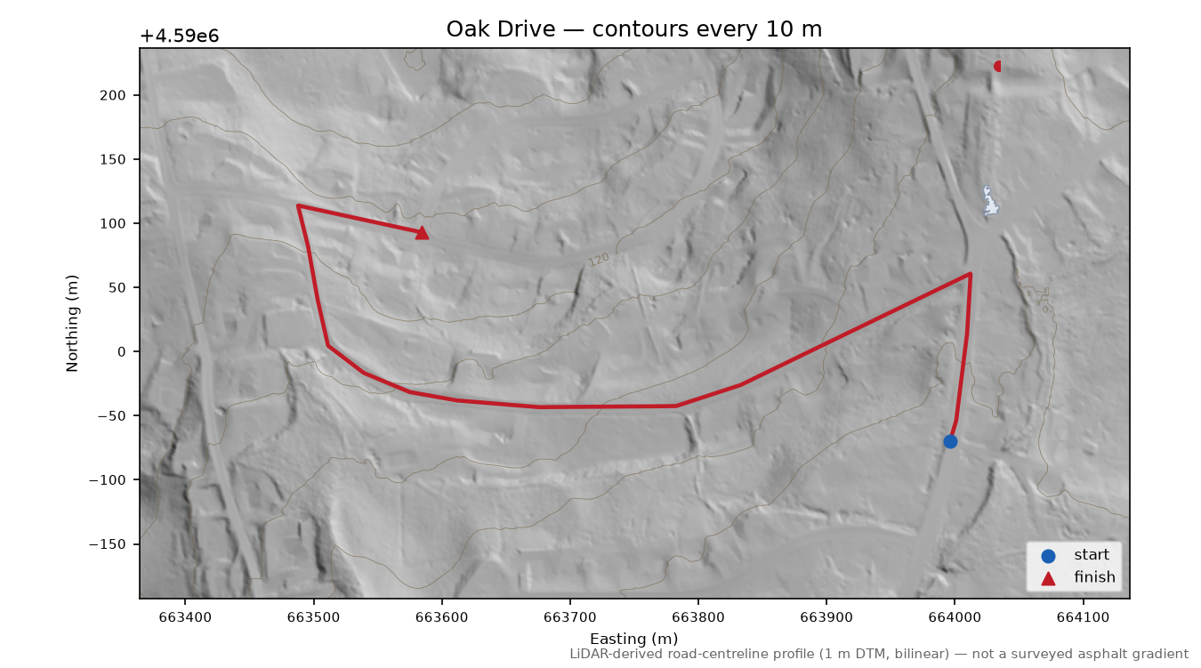 Oak Drive LiDAR hillshade map with contours