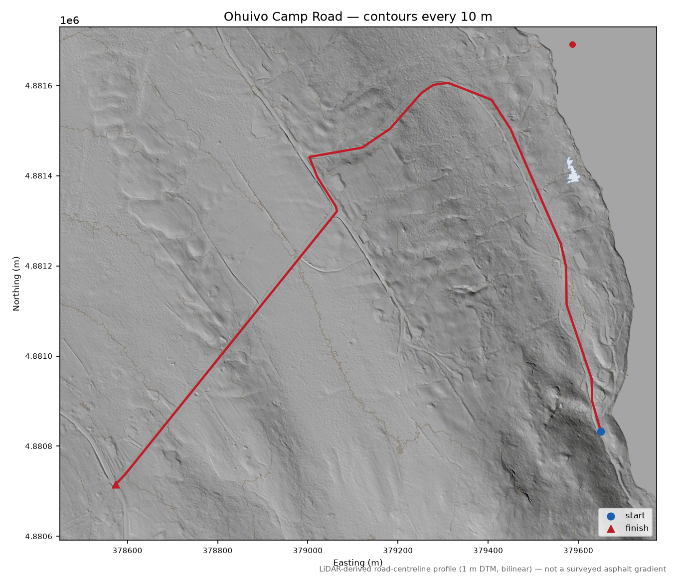 Ohuivo Camp Road LiDAR hillshade map with contours