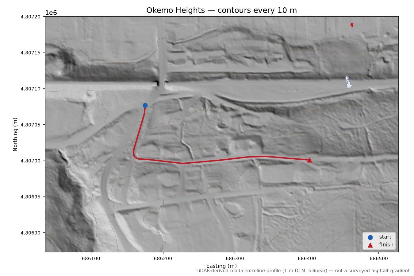 Okemo Heights LiDAR hillshade map with contours