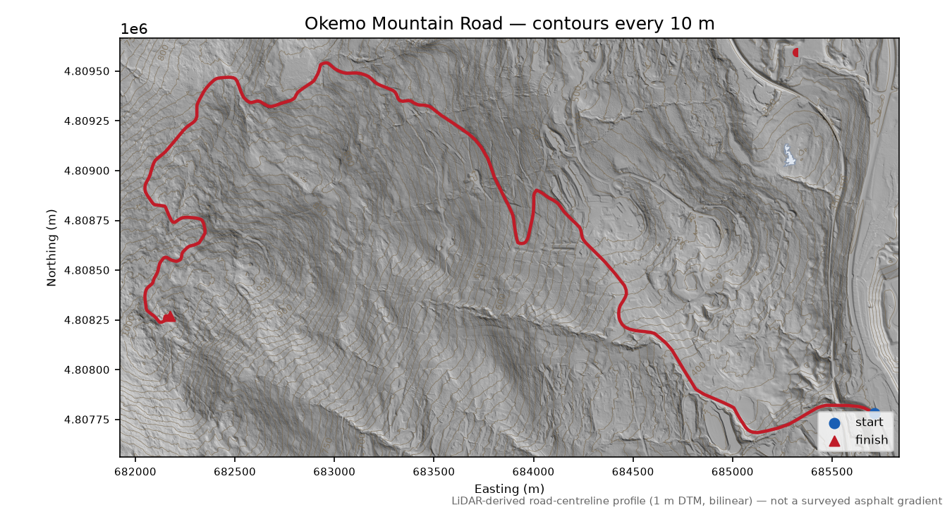 Okemo Mountain Road LiDAR hillshade map with contours