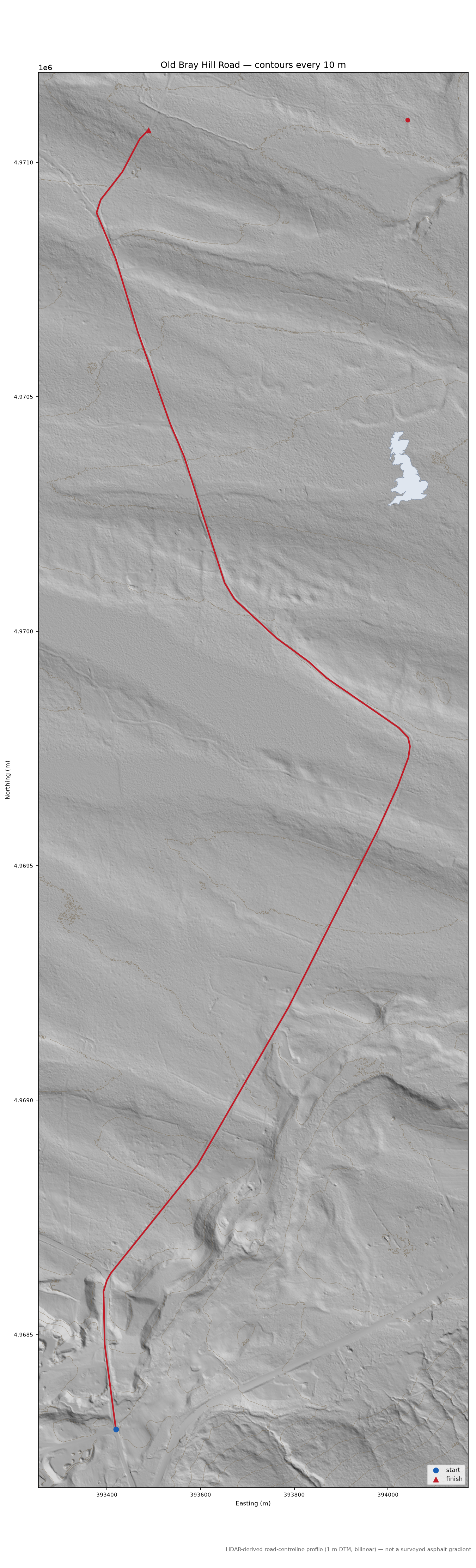 Old Bray Hill Road LiDAR hillshade map with contours