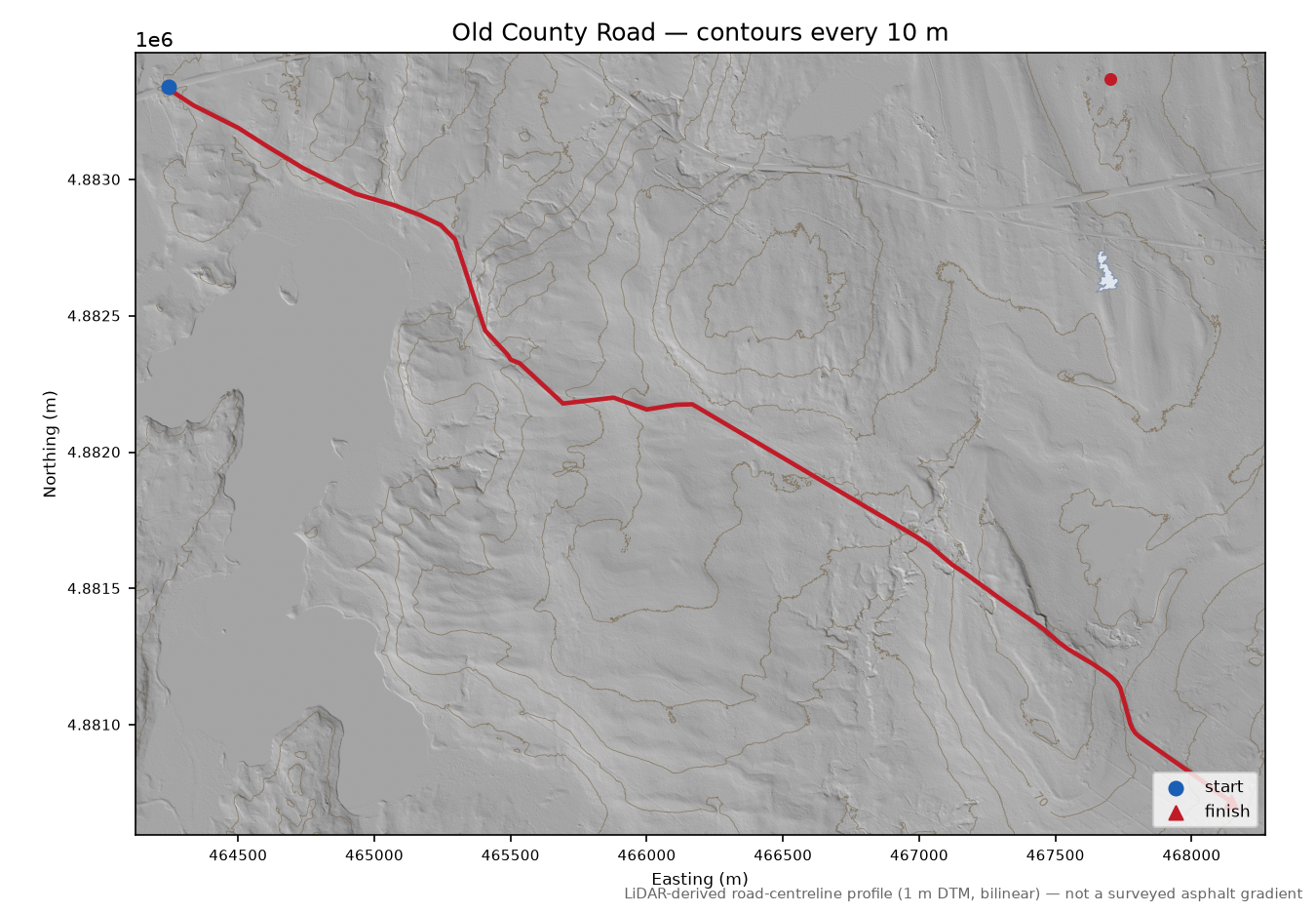 Old County Road LiDAR hillshade map with contours