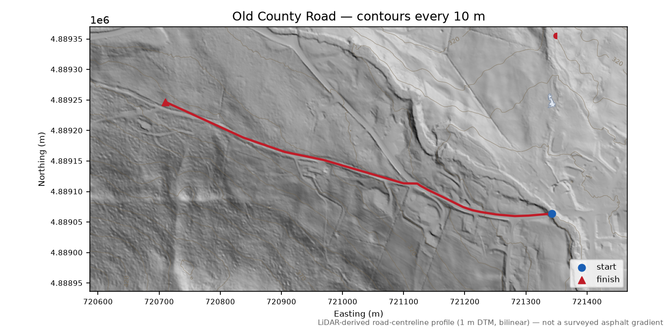 Old County Road LiDAR hillshade map with contours