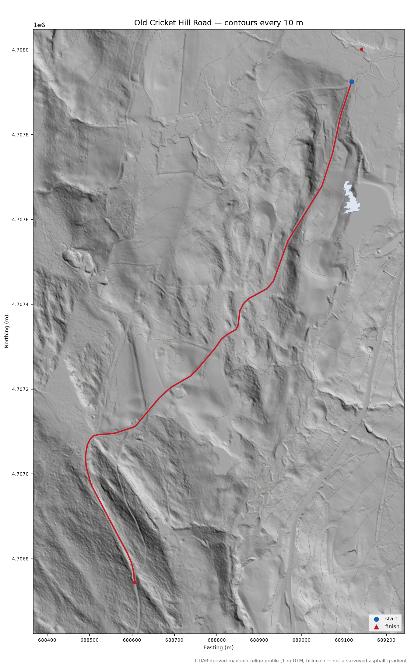 Old Cricket Hill Road LiDAR hillshade map with contours