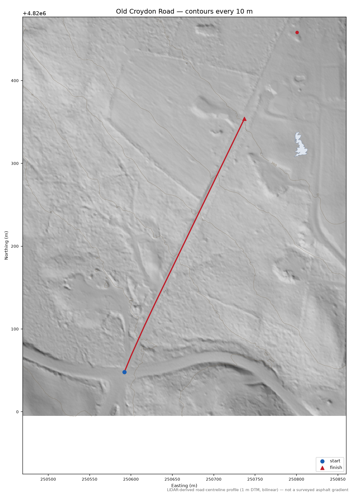 Old Croydon Road LiDAR hillshade map with contours