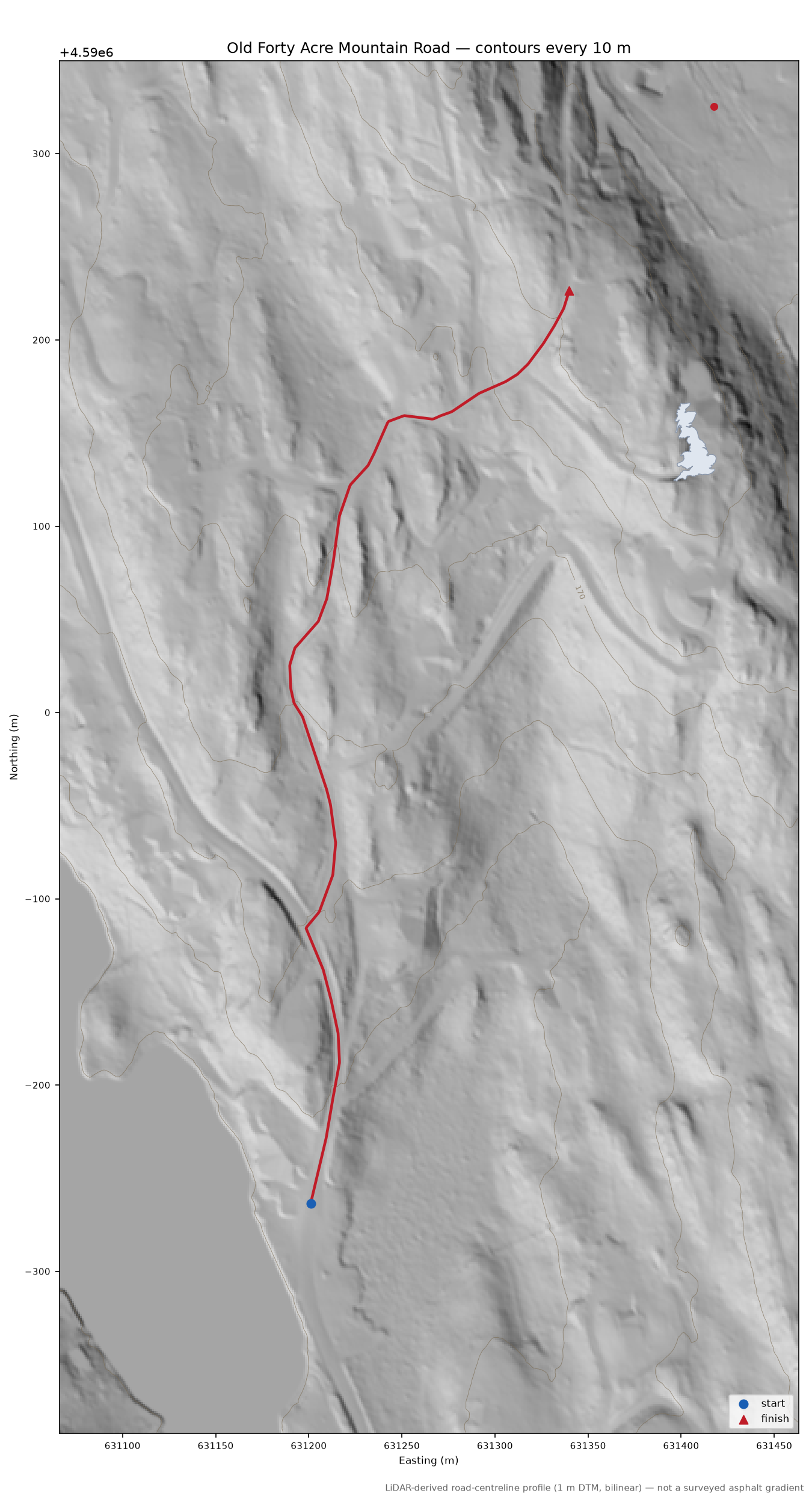 Old Forty Acre Mountain Road LiDAR hillshade map with contours