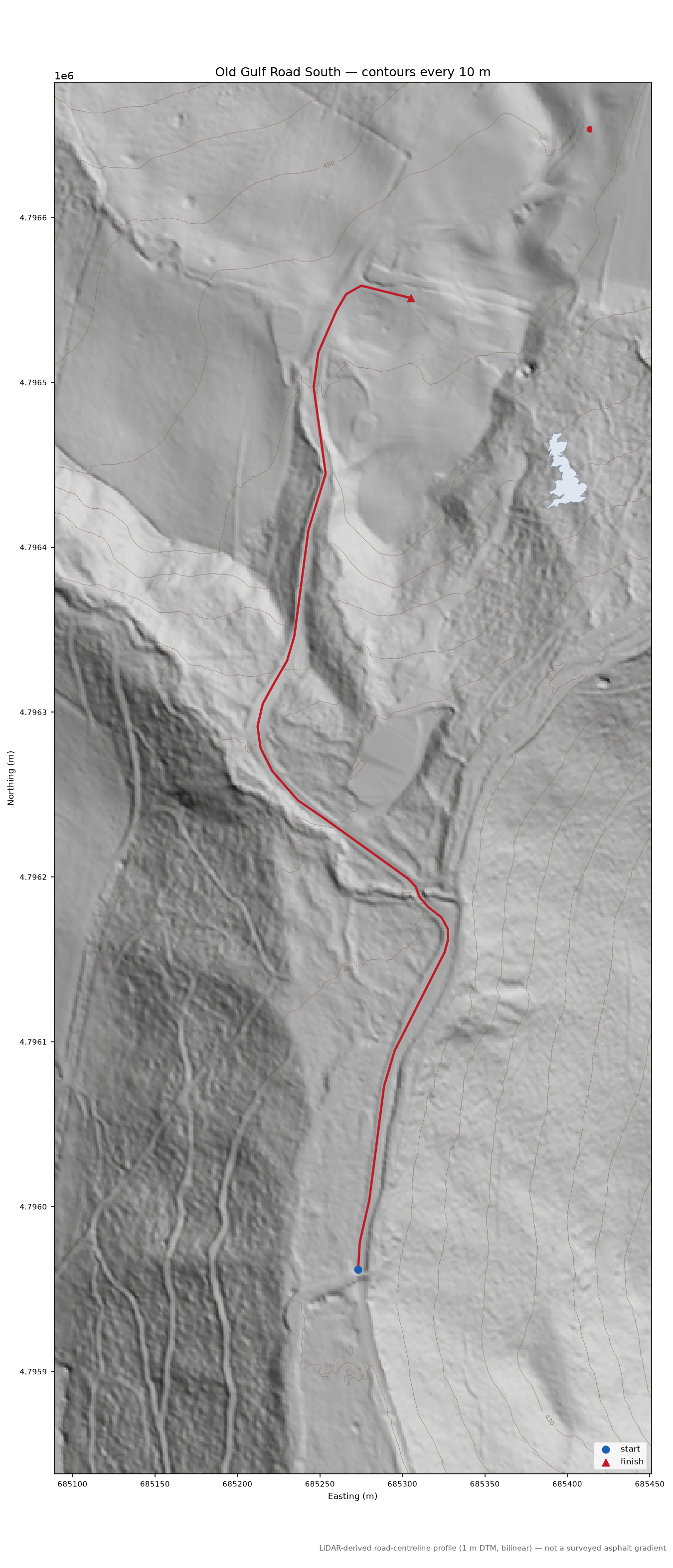 Old Gulf Road South LiDAR hillshade map with contours