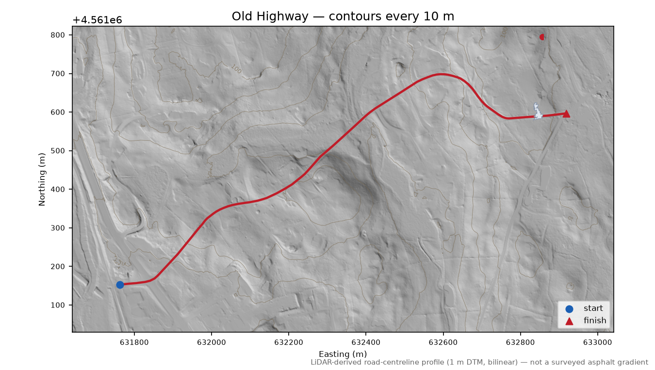 Old Highway LiDAR hillshade map with contours