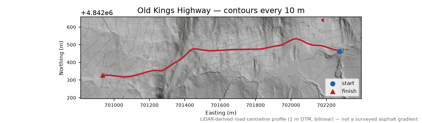 Old Kings Highway LiDAR hillshade map with contours