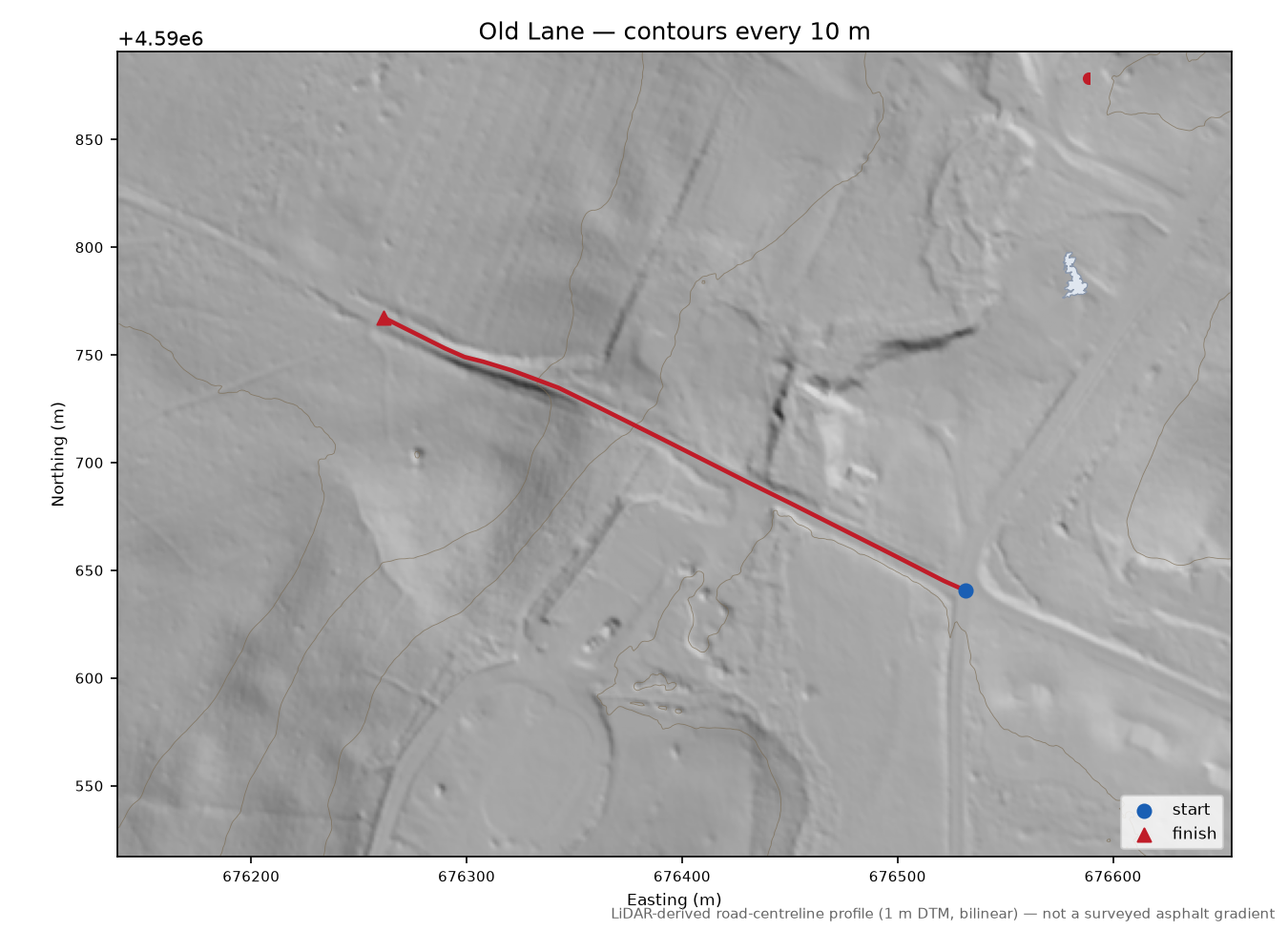 Old Lane LiDAR hillshade map with contours