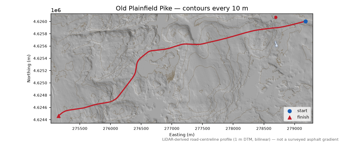 Old Plainfield Pike LiDAR hillshade map with contours