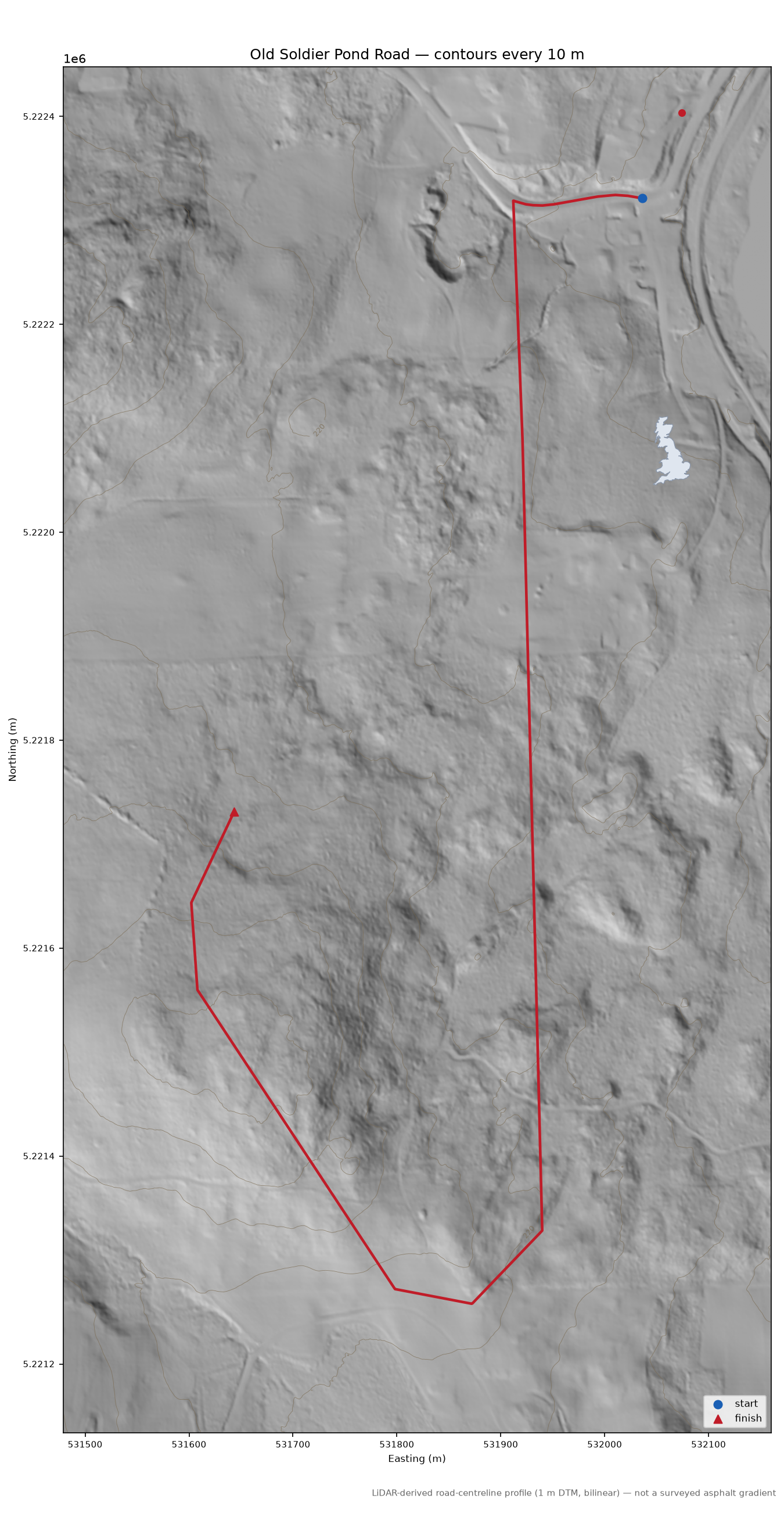 Old Soldier Pond Road LiDAR hillshade map with contours