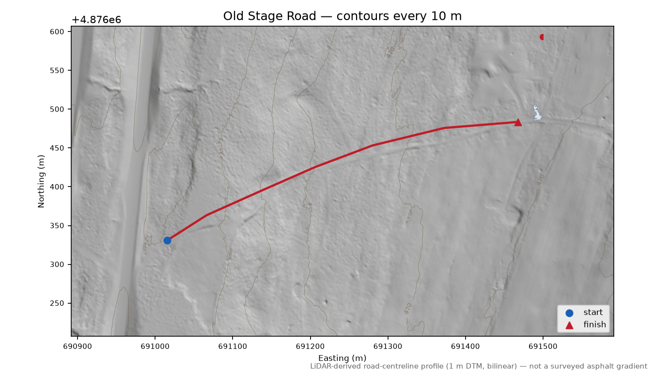 Old Stage Road LiDAR hillshade map with contours