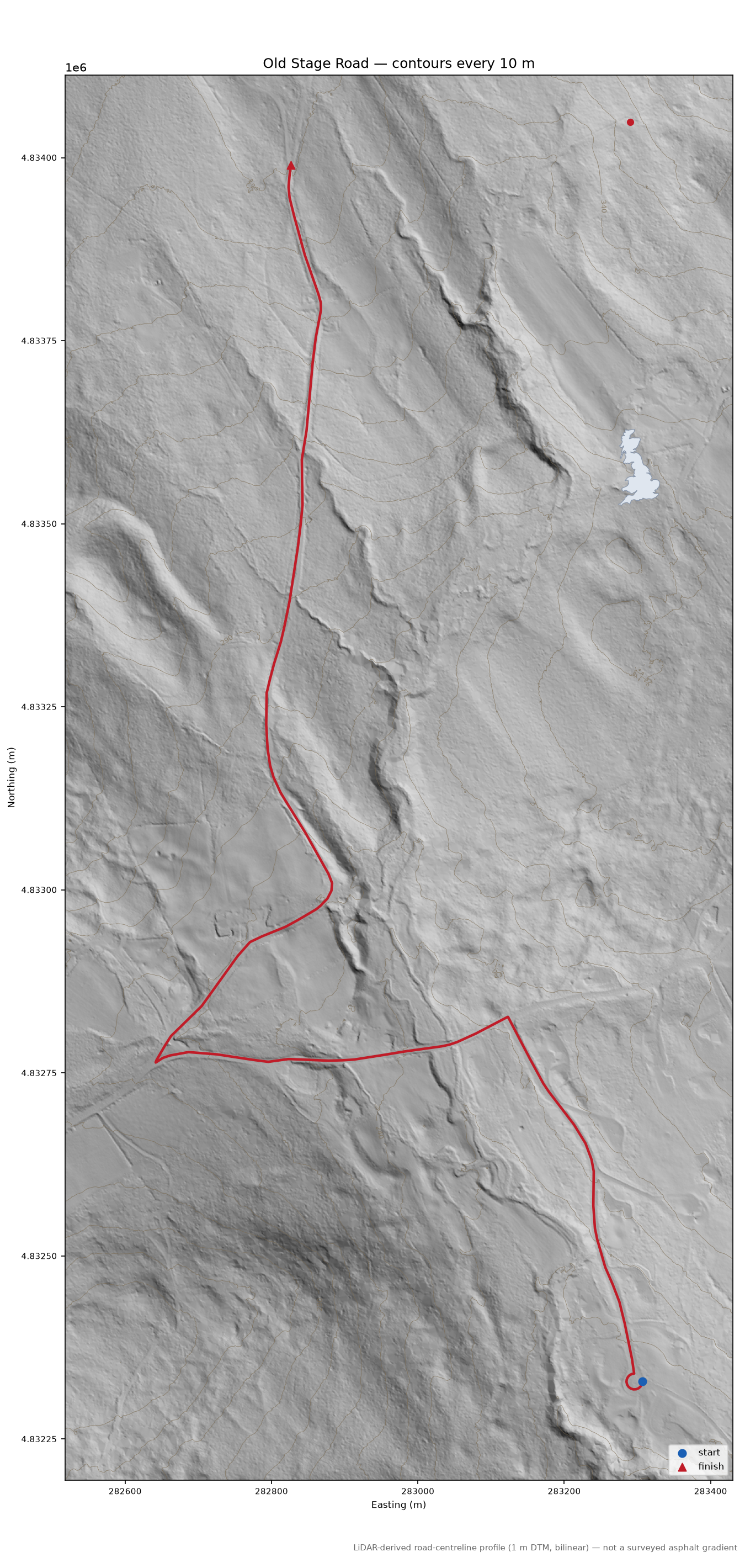 Old Stage Road LiDAR hillshade map with contours