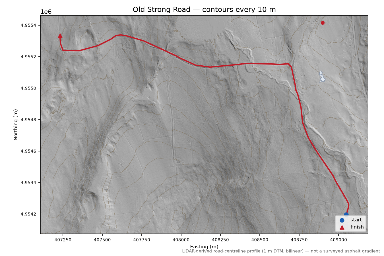 Old Strong Road LiDAR hillshade map with contours