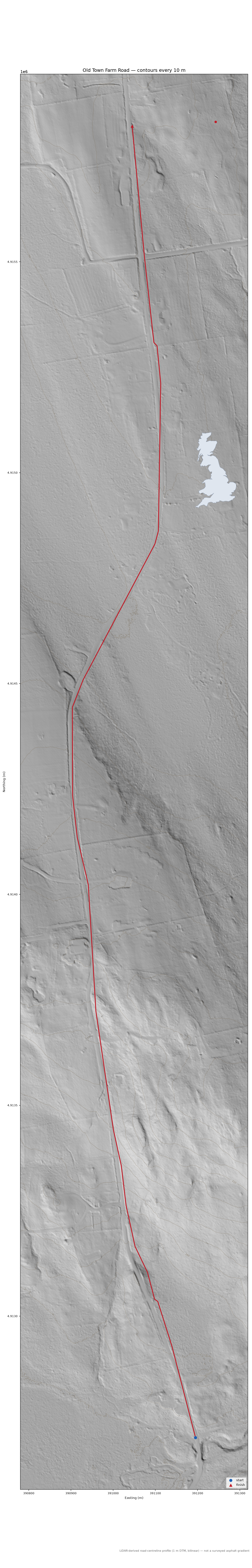 Old Town Farm Road LiDAR hillshade map with contours