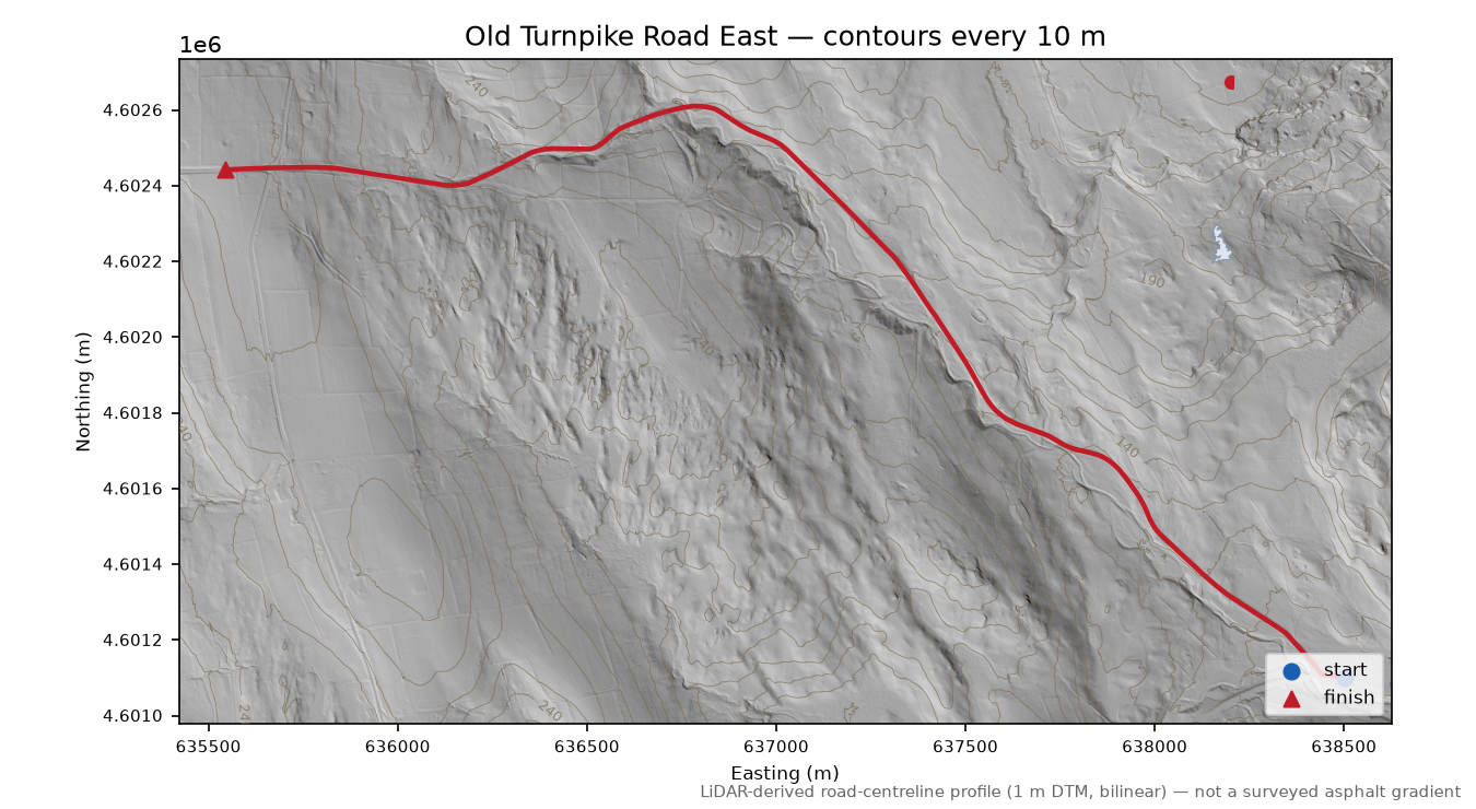 Old Turnpike Road East LiDAR hillshade map with contours