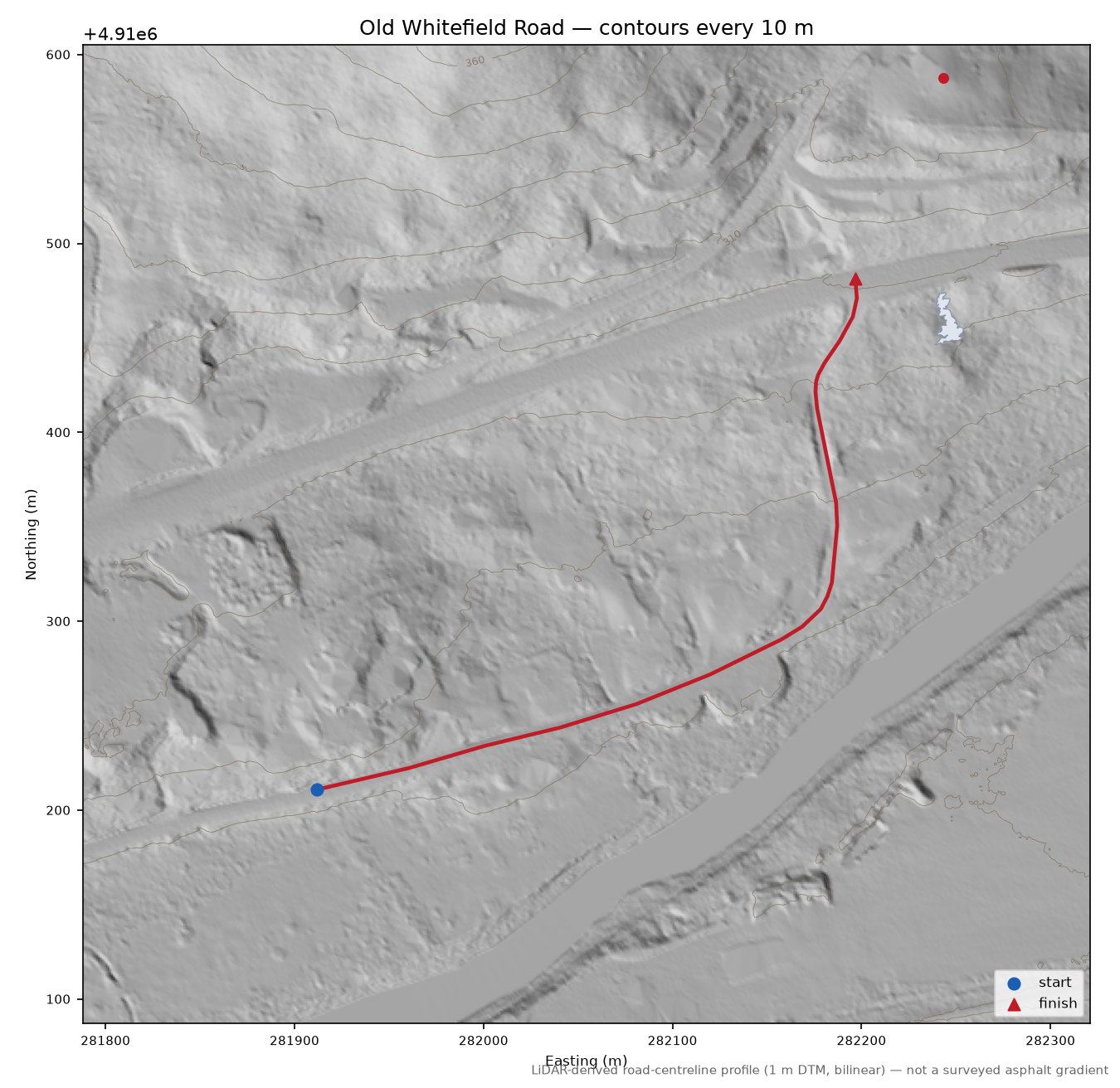 Old Whitefield Road LiDAR hillshade map with contours