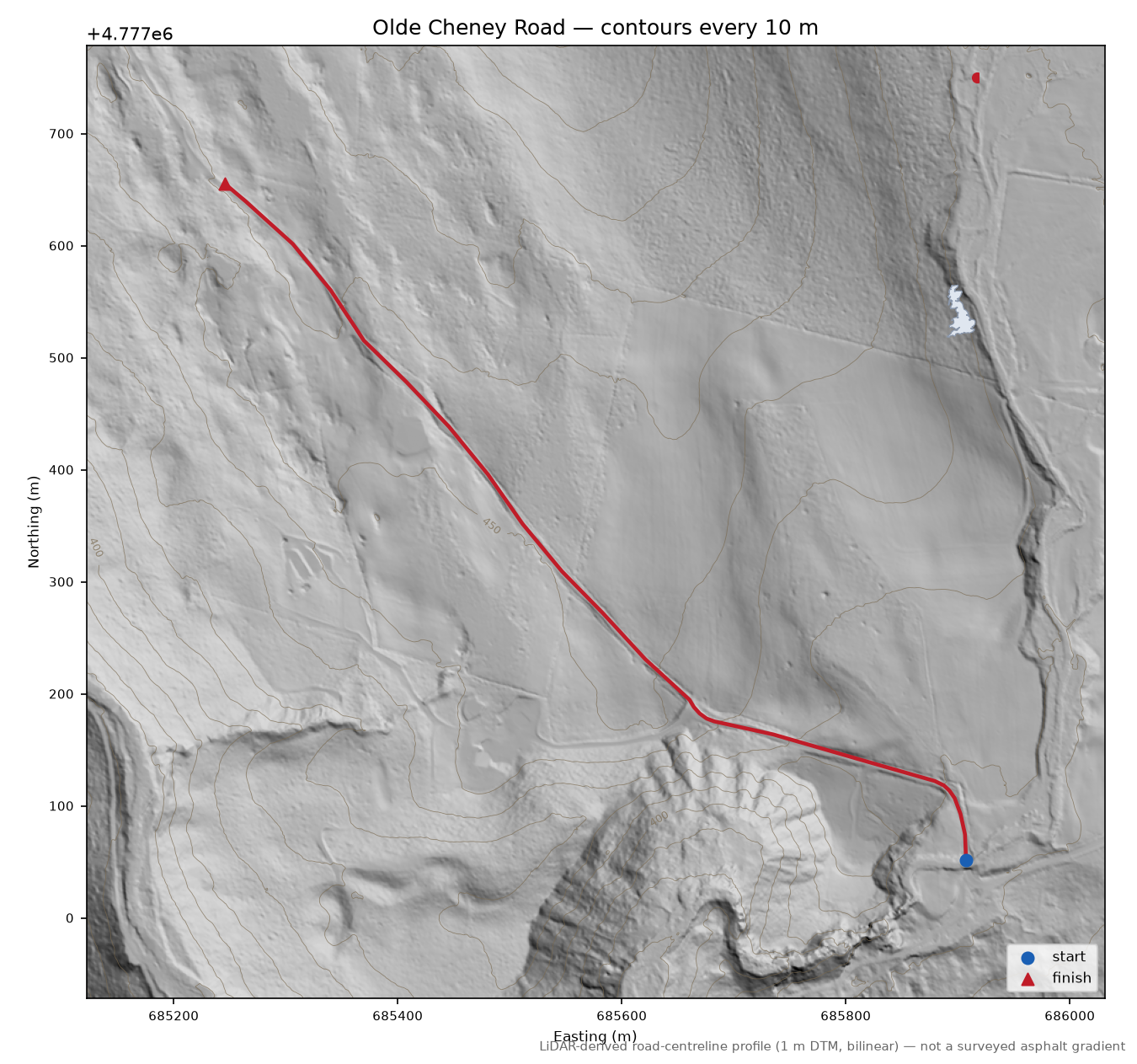 Olde Cheney Road LiDAR hillshade map with contours