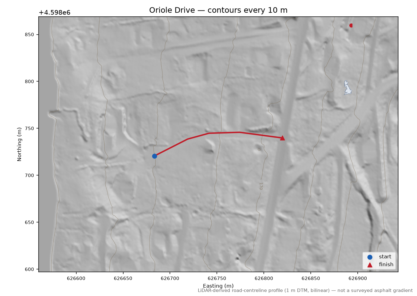 Oriole Drive LiDAR hillshade map with contours