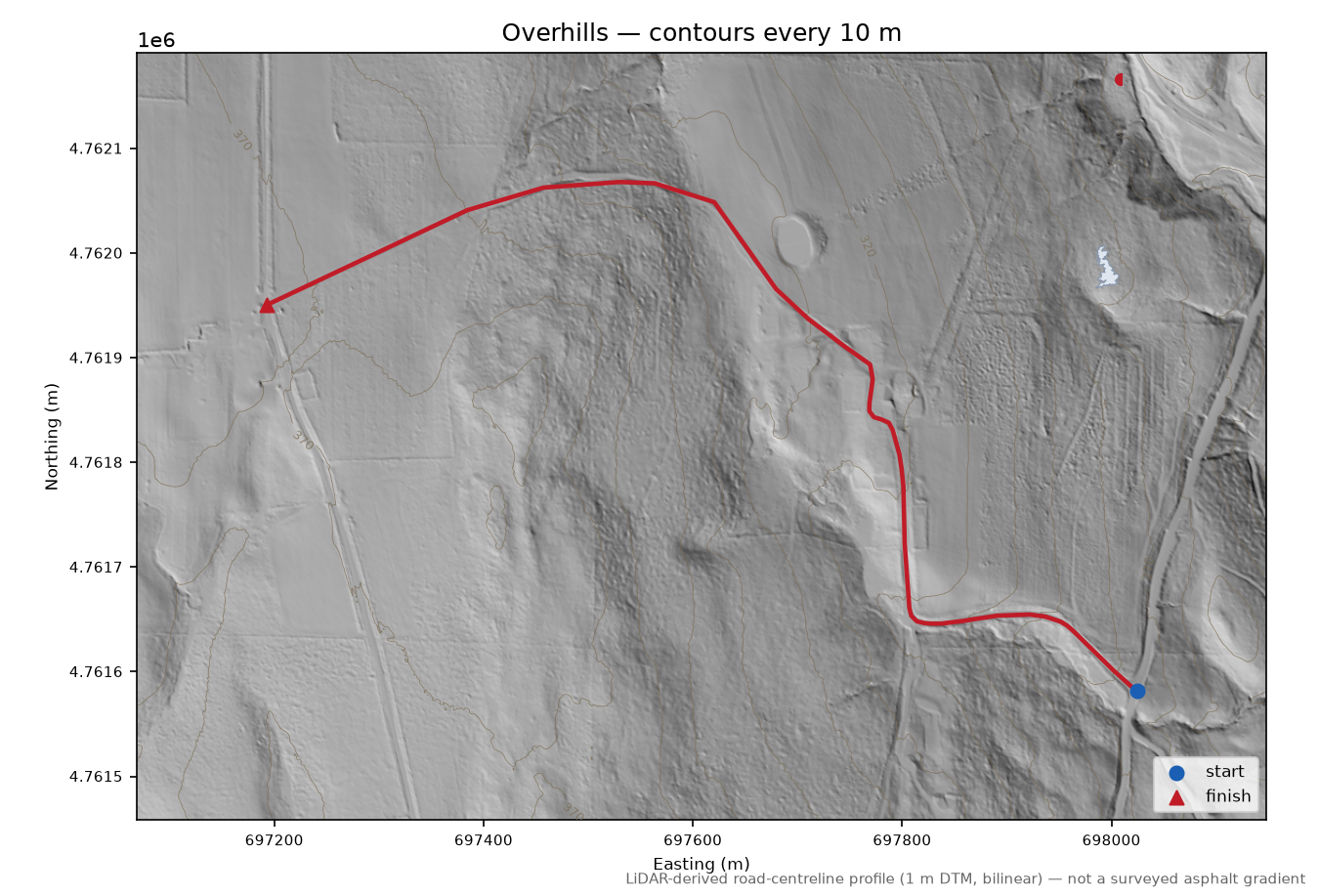 Overhills LiDAR hillshade map with contours