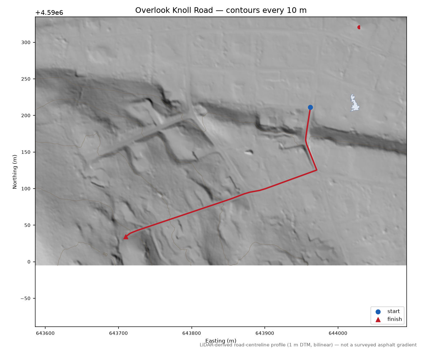 Overlook Knoll Road LiDAR hillshade map with contours