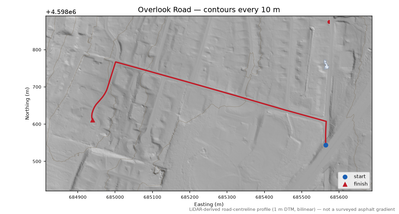 Overlook Road LiDAR hillshade map with contours