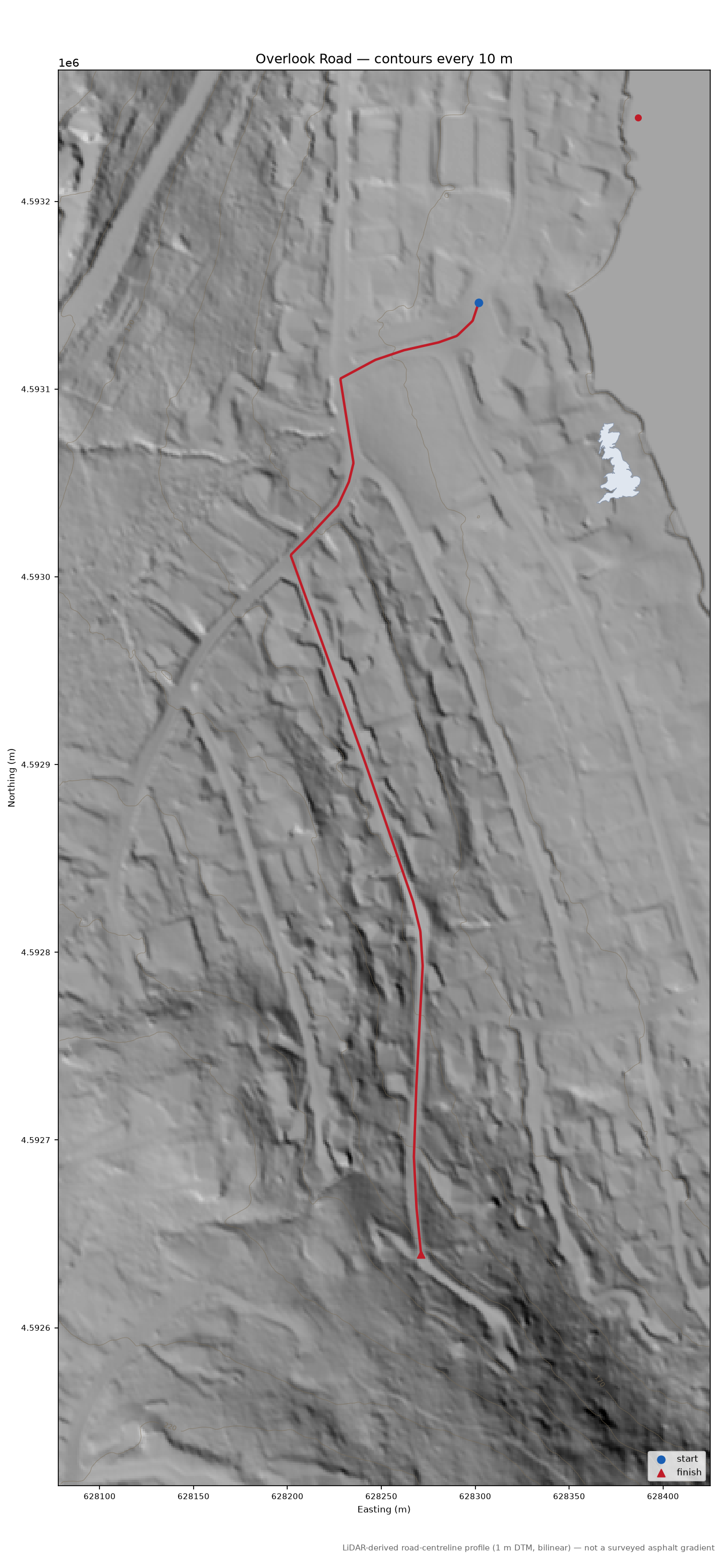 Overlook Road LiDAR hillshade map with contours