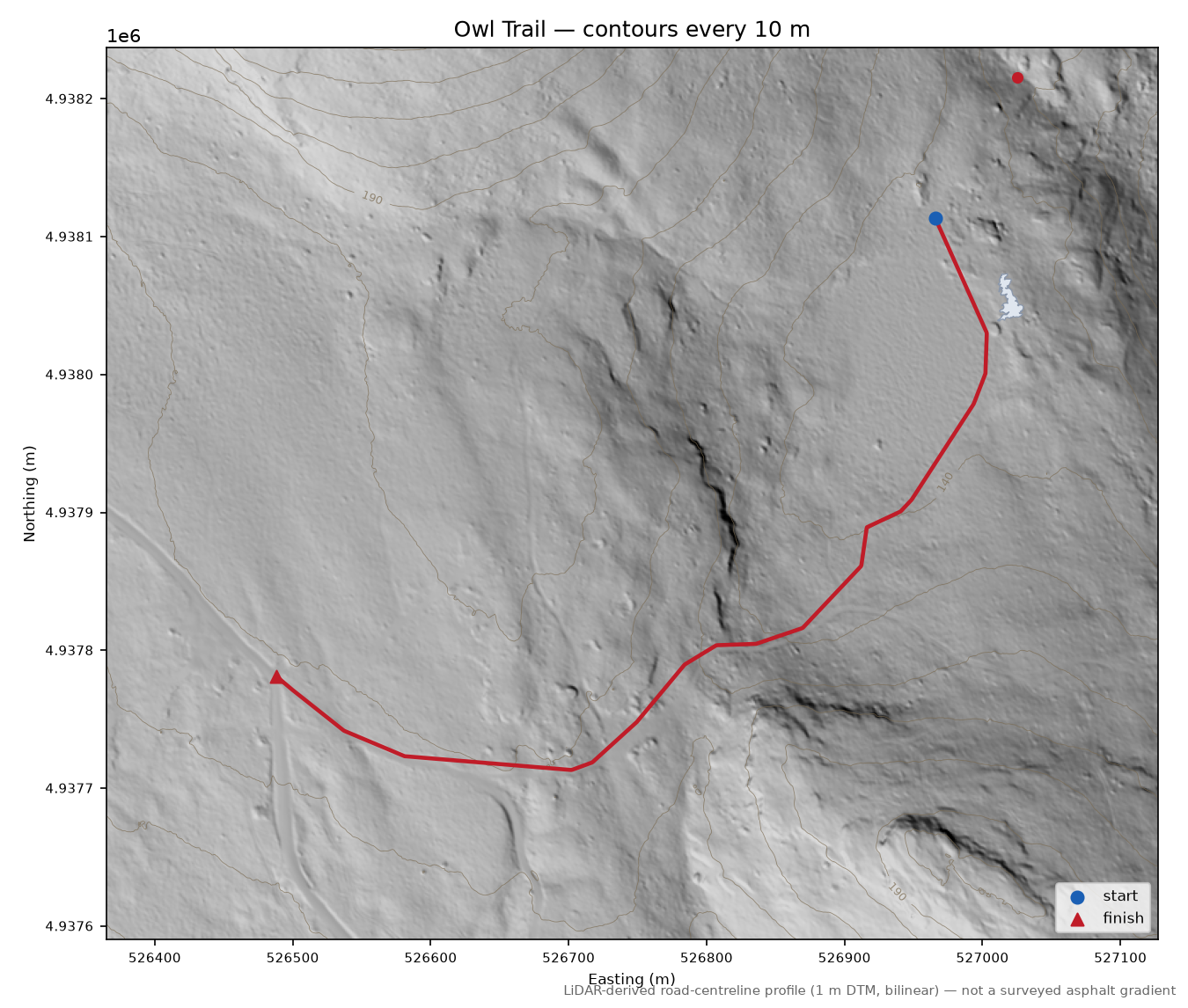 Owl Trail LiDAR hillshade map with contours