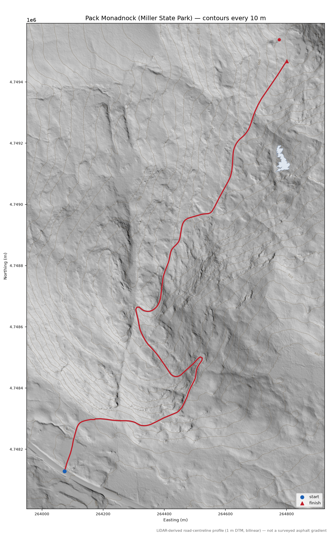 Pack Monadnock (Miller State Park) LiDAR hillshade map with contours