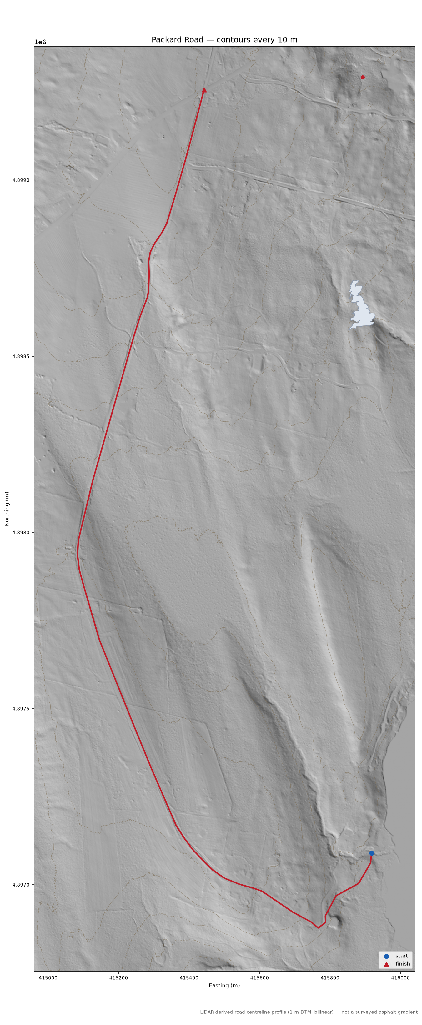 Packard Road LiDAR hillshade map with contours