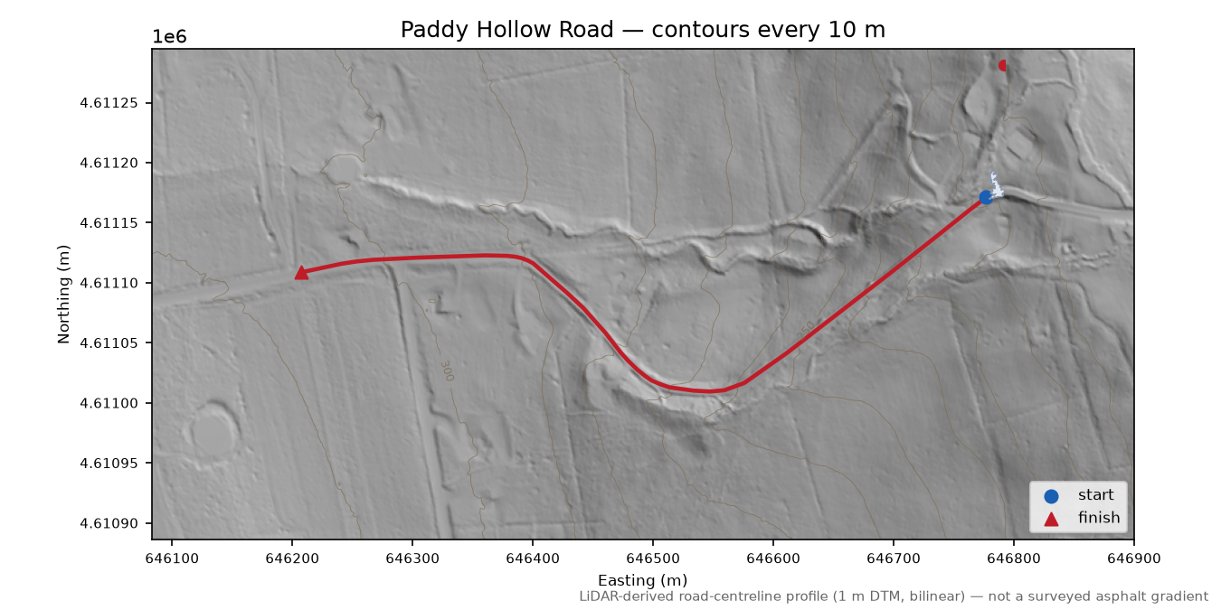 Paddy Hollow Road LiDAR hillshade map with contours