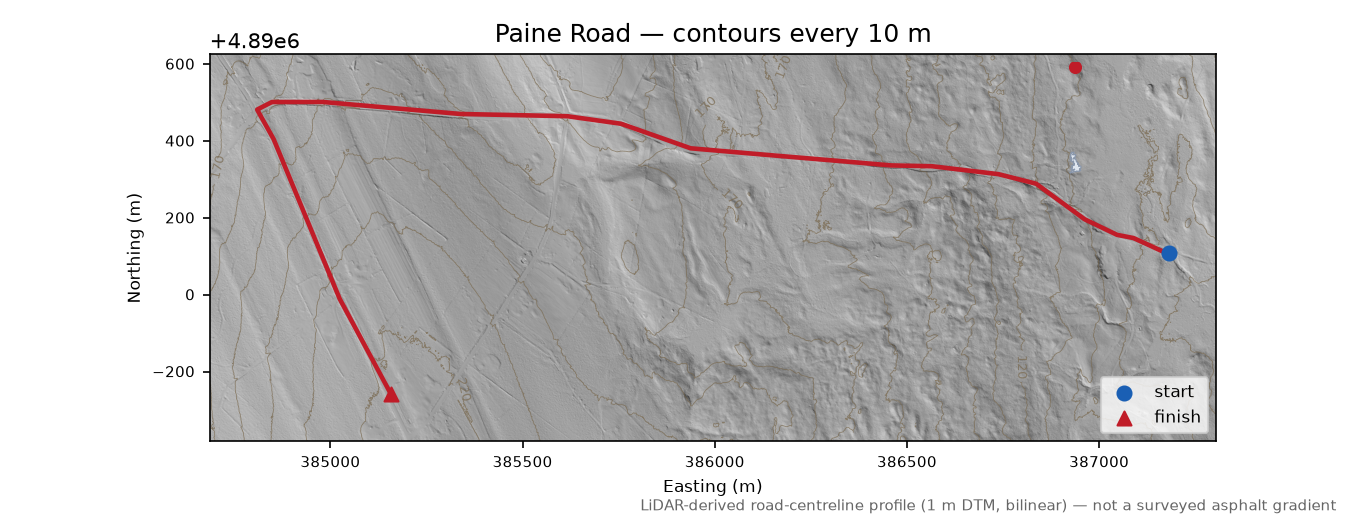 Paine Road LiDAR hillshade map with contours