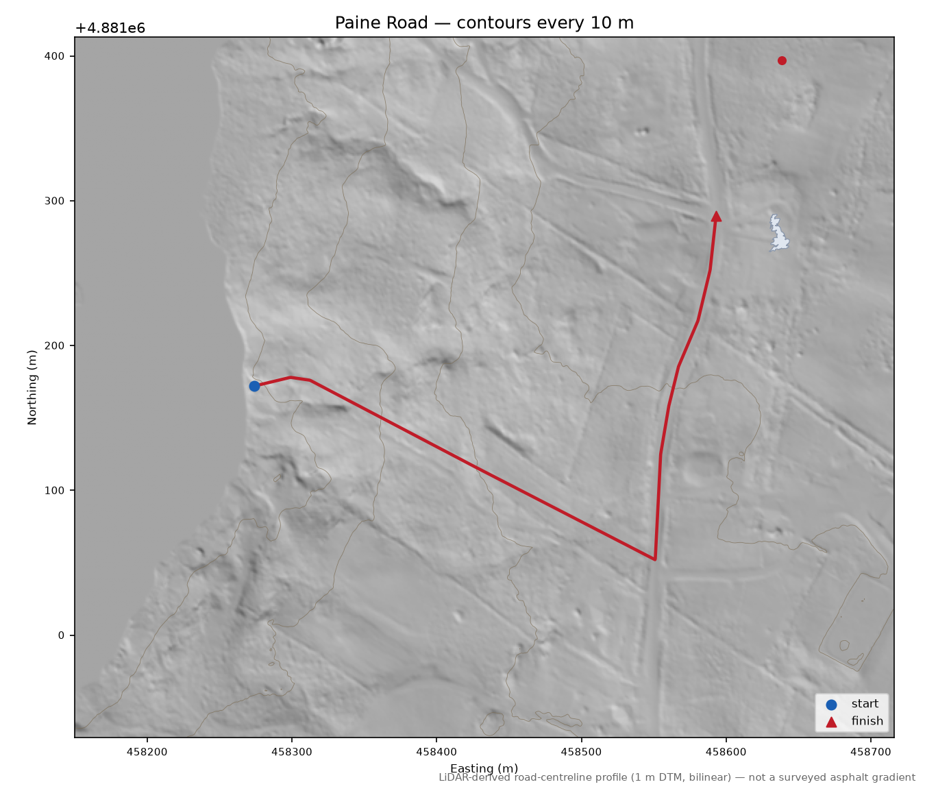 Paine Road LiDAR hillshade map with contours