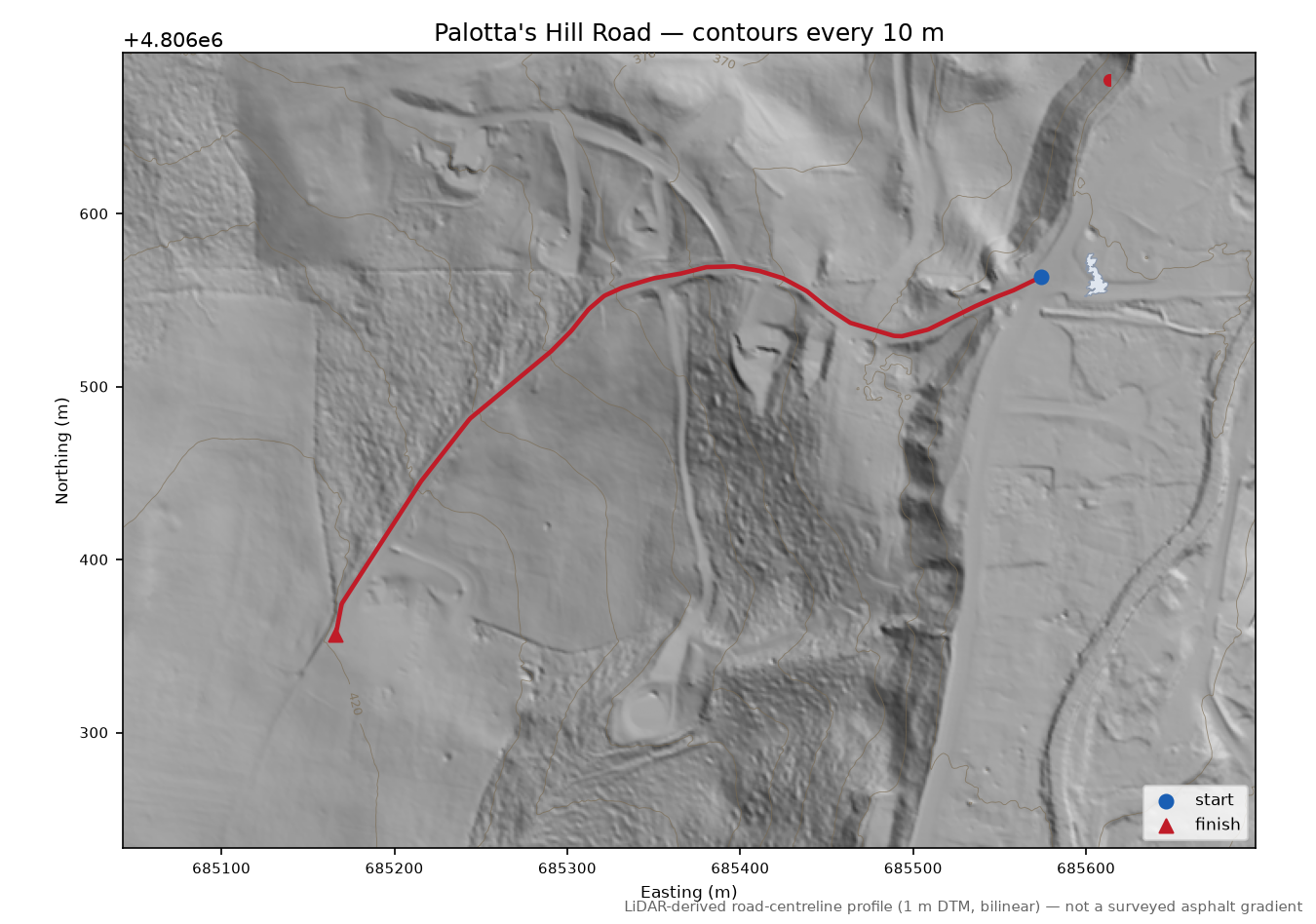 Palotta's Hill Road LiDAR hillshade map with contours