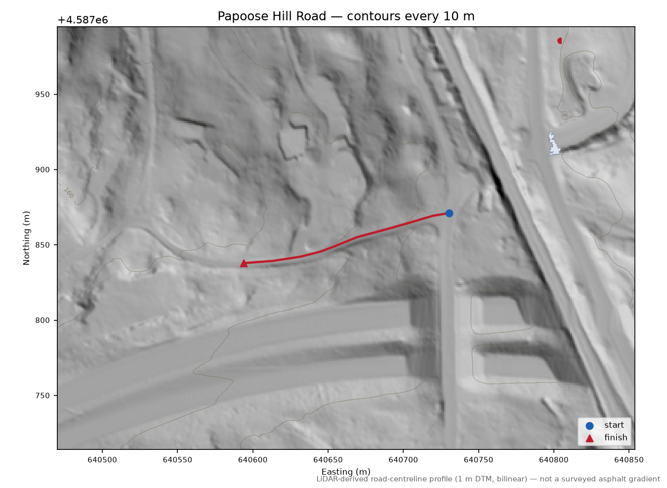 Papoose Hill Road LiDAR hillshade map with contours