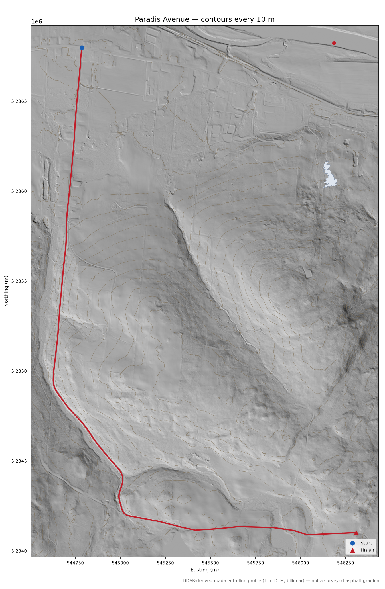 Paradis Avenue LiDAR hillshade map with contours