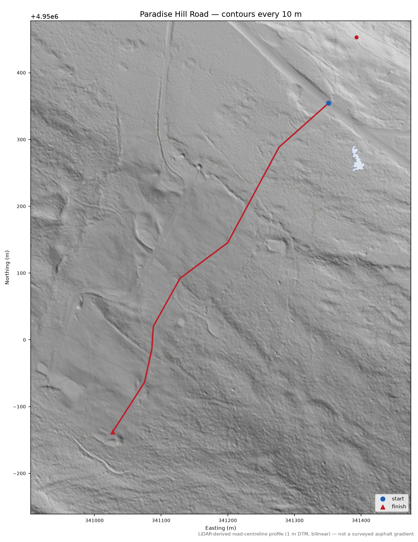 Paradise Hill Road LiDAR hillshade map with contours