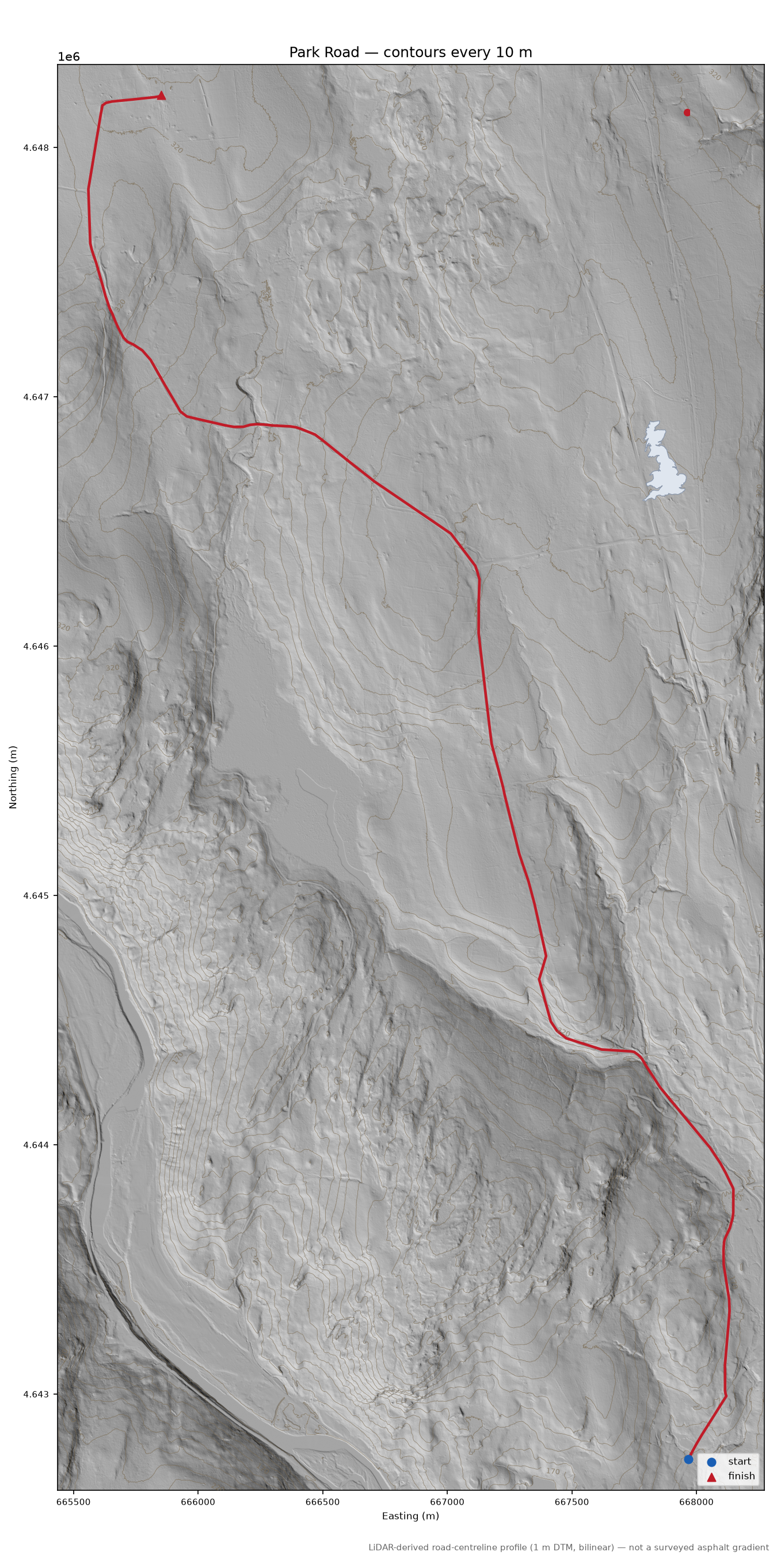 Park Road LiDAR hillshade map with contours