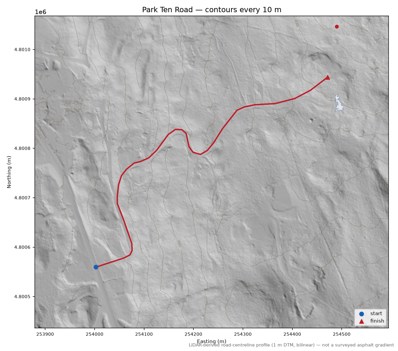 Park Ten Road LiDAR hillshade map with contours