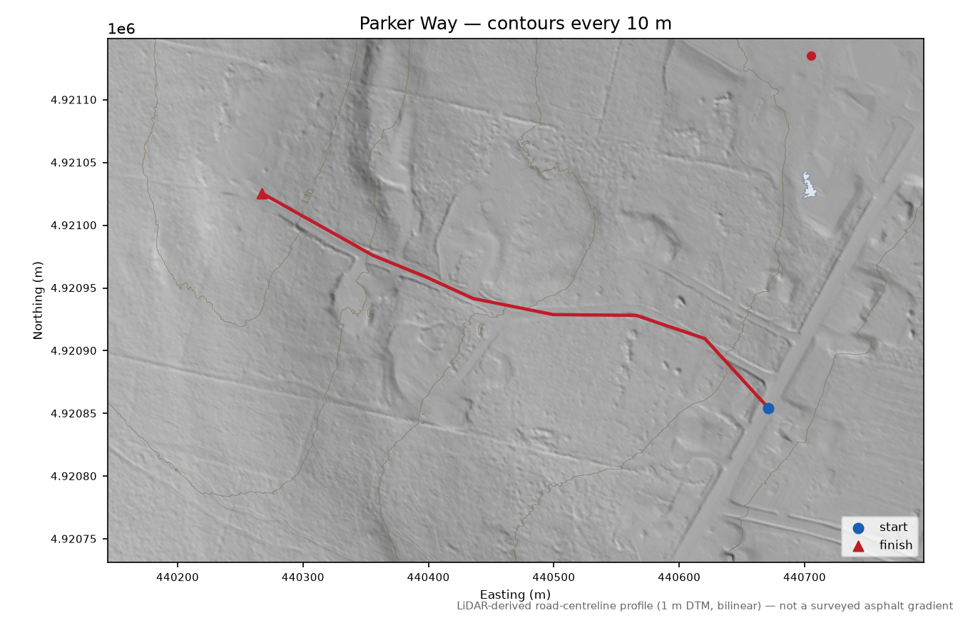 Parker Way LiDAR hillshade map with contours