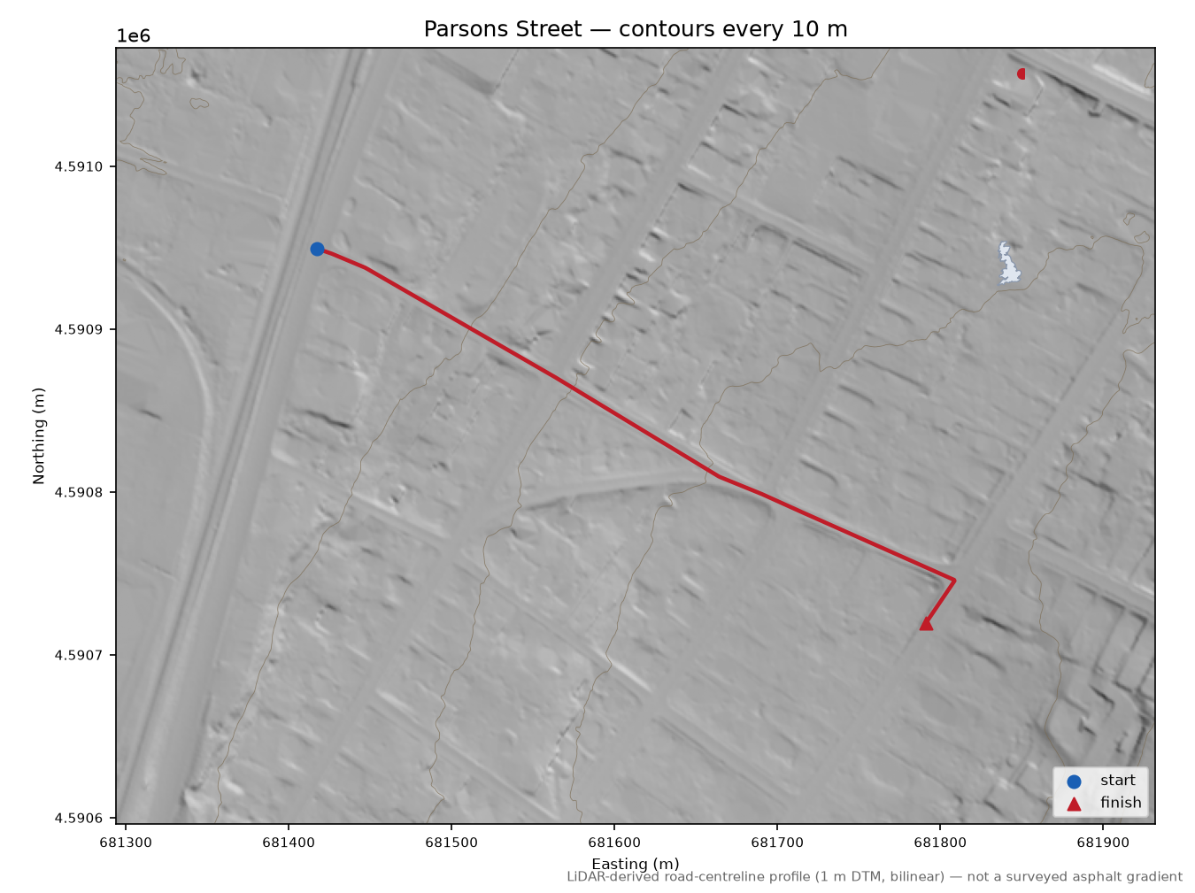 Parsons Street LiDAR hillshade map with contours